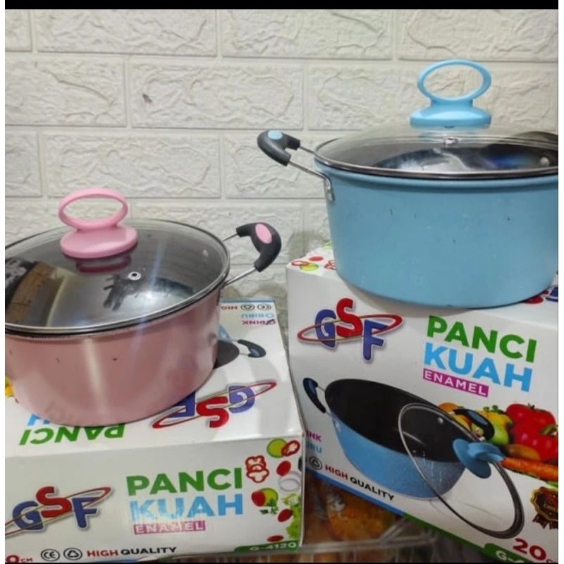 panci kuah warna 20cm /panci kuah enamel warna tutup kaca 20cm