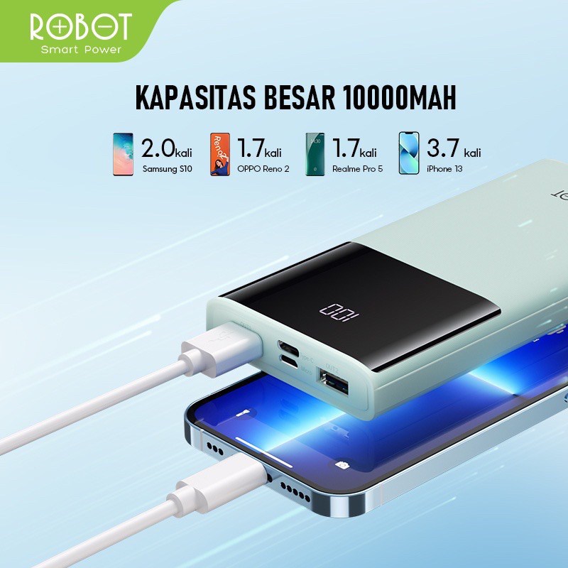 PowerBank ROBOT 10000mah RT190S 2A Dual Input and Output Port Type C &amp; Micro USB Original Fast BY SEN