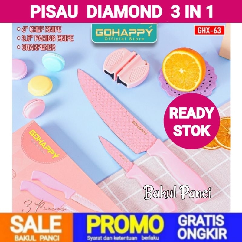 GOHAPPY PISAU SET DIAMOND 3 IN 1 - PISAU DAPUR KERAMIK CERAMIC KNIFE - PINK