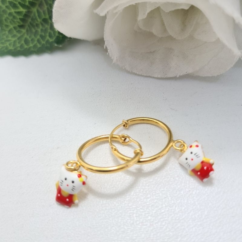 Anting Ring Anak Emas Muda Bandul Badan Hello Kitty