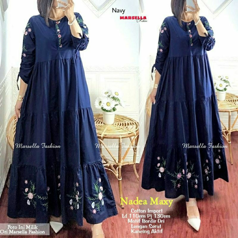 Nadea Maxy, GAMIS WANITA MUSLIM CANTIK MODIS FIT XXL LD 110 BAHAN KATUN IMPORT MIX BORDIR KANCING BUSUI TERMURAH TERLARIS OOTD KEKINIAN