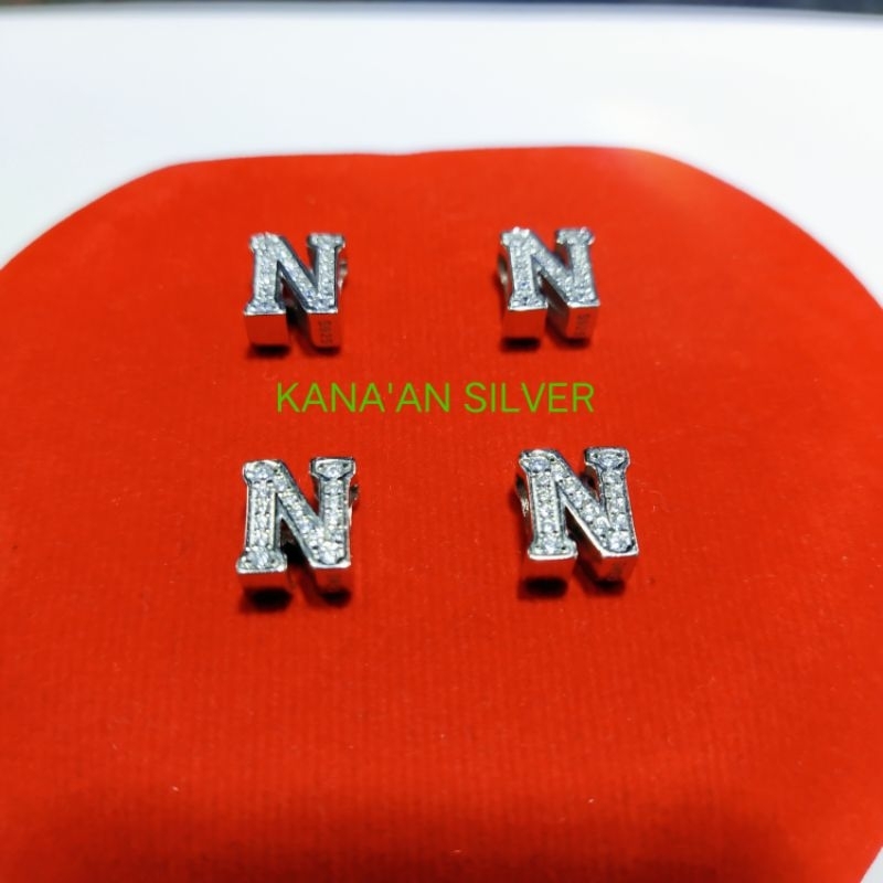 Liontin perak asli 925 /buah kalung model tusuk huruf (N) mata zircon putih kilau /Silver lapisan em