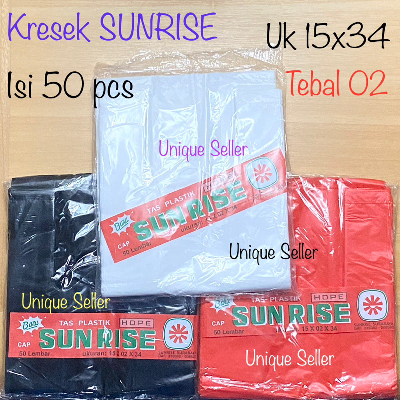 Kresek Sunrise 15x34 Tebal 02 isi 50 pcs / Kresek Uk 15 Putih Hitam Tebal / Kresek Sunrise 15x34x02 / Kantong Plastik Sunrise 15x34 x 02 / Kresek HD Sunrise 15 x 34 / Kresek Putih Hitam uk 15x34 / Kantong Plastik 15 Tebal 02 / Kantong Kresek Sunrise Uk 15