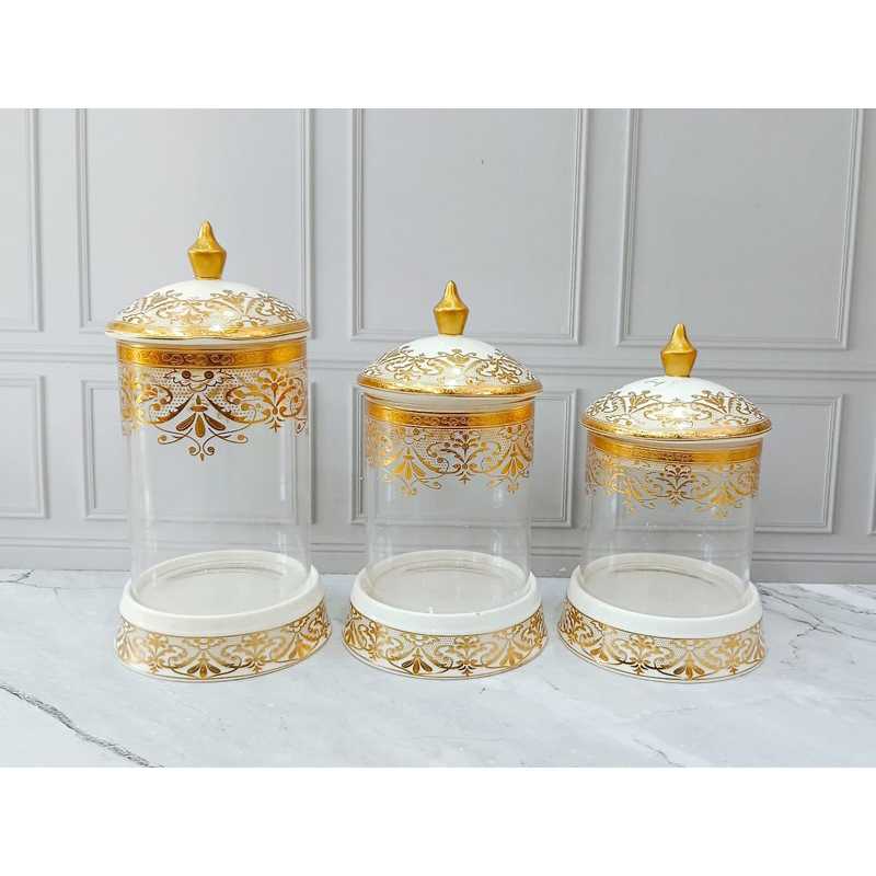 Toples Kue Lebaran / Toples Kue Kering / Toples Kue Kaca Gold 1 set 3 pcs