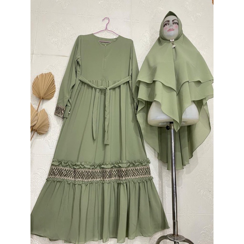 Gamis Syari Ceruty Mix Renda Depan dan Tangan Syari Busui Set Khimar Lebaran keluarga family couple Dizzah