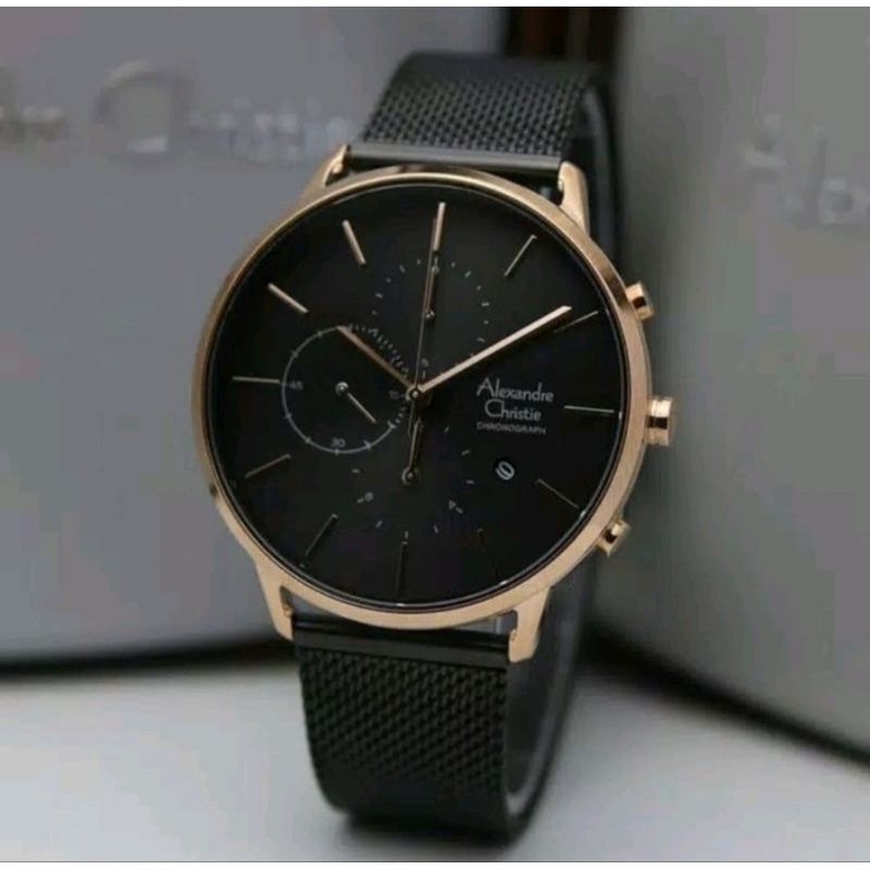 jam tangan pria alexander cristie ac6555 original black rose gold