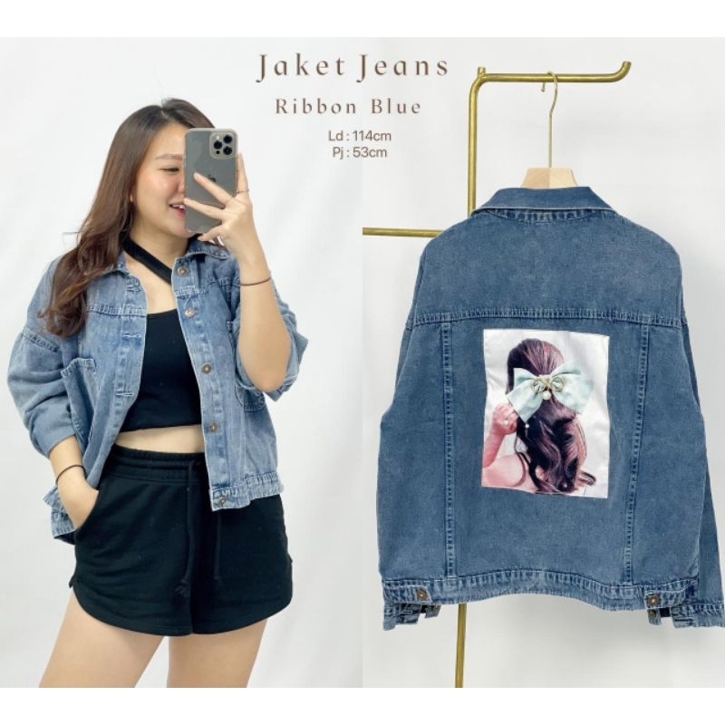 MDLV ~ Jaket Jeans Ribbon Dyor Rainbow Pearl Cat Blue Good Quality