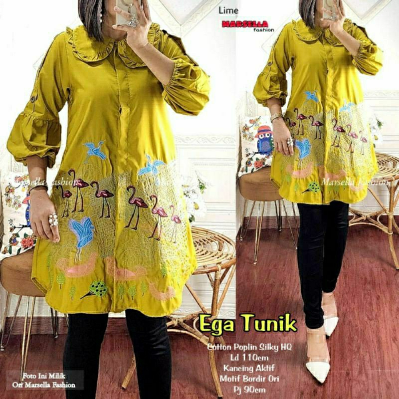 Ega Tunik, TUNIK WANITA MUSLIM CANTIK FIT XXL LD 110 BAHAN KATUN POPLIN SILKY MIX BORDIR KANCING AKTIF TERMURAH OOTD KEKINIAN TERLARIS