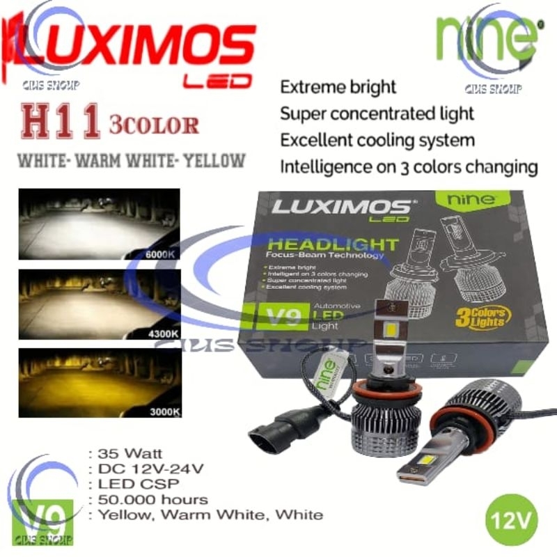 NINE LUXIMOS V9 3 WARNA LAMPU UTAMA LED HEADLAMP/FOGLAMP HI-LOW MOBIL H4 CUT OFF H7,H11,HB3(9005),HB4(9006) EXTREME BRIGHT