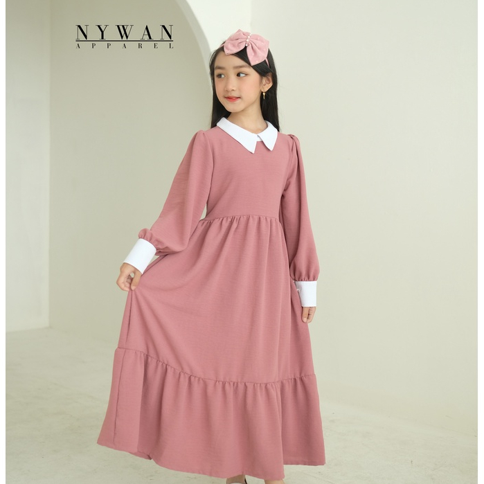 Nywan Apparel baju muslim pakaian couple kakak adik ecer grosir pabrik gamis long Dress gaun Anak perempuan lebaran 2024 tidak panas kualitas impor korea style Cringkle Airflow pink Salem 2,3,4,5,6,7,8 tahun 231904