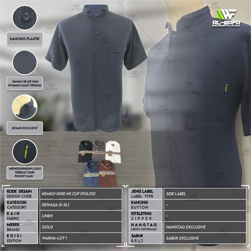 Al-Wafa/AWF Baju Kemeja  Koko Muslim Pria Gold Lengan Pendek Motif Polos Warna