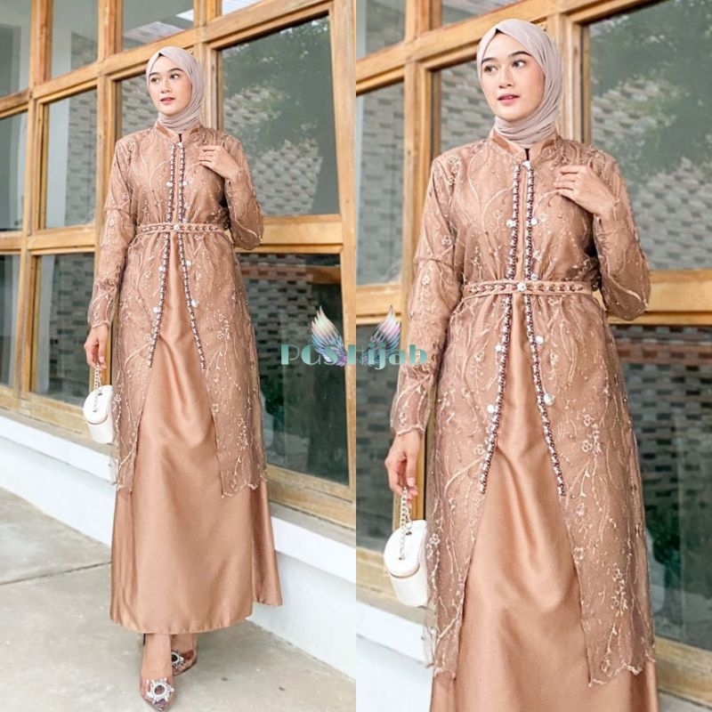 Sartika Dress Brukat Tille Premium Gamis Muslimah Wanita Jumbo xxl Dress Plus Outer Brukat 3 in 1 Busui Friendy Outfit Kondangan Gaun Resepsi Pesta Pernikahan Busana Remaja Muslimah Baju Lebaran Terbaru Warna Sage Grey Mocca Mauve Dusty Lave