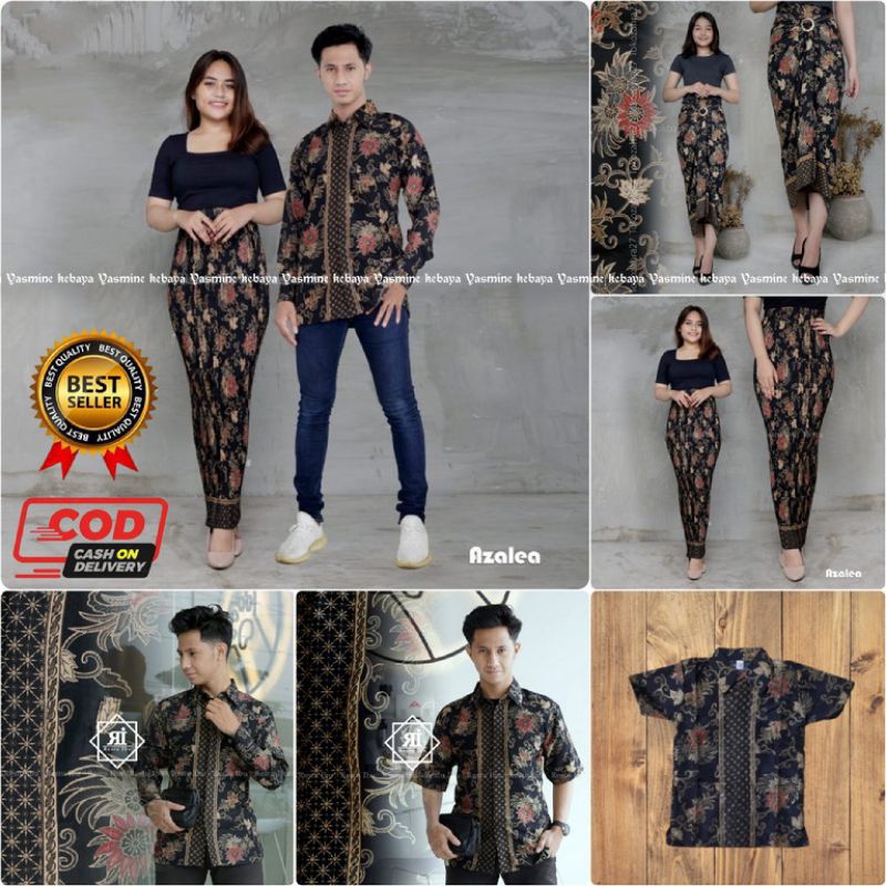 COUPLE ROK PLISKET JUMBO SET KEMEJA BATIK PRIA / BAJU BATIK COUPLE MOTIF AZALEA HITAM / COUPLE KEBAY