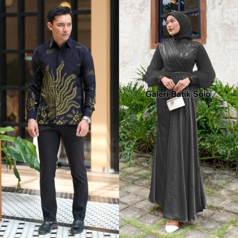 BATIK COUPLE - GAMIS LEBARAN - GAMIS COUPLE KONDANGAN - Gamis Couple Adeeva Dress Kondangan Dan Lebaran Modern Dress Satin Mix Brokat Payet Premium Dress Sarimbit Modern Gamis Couple