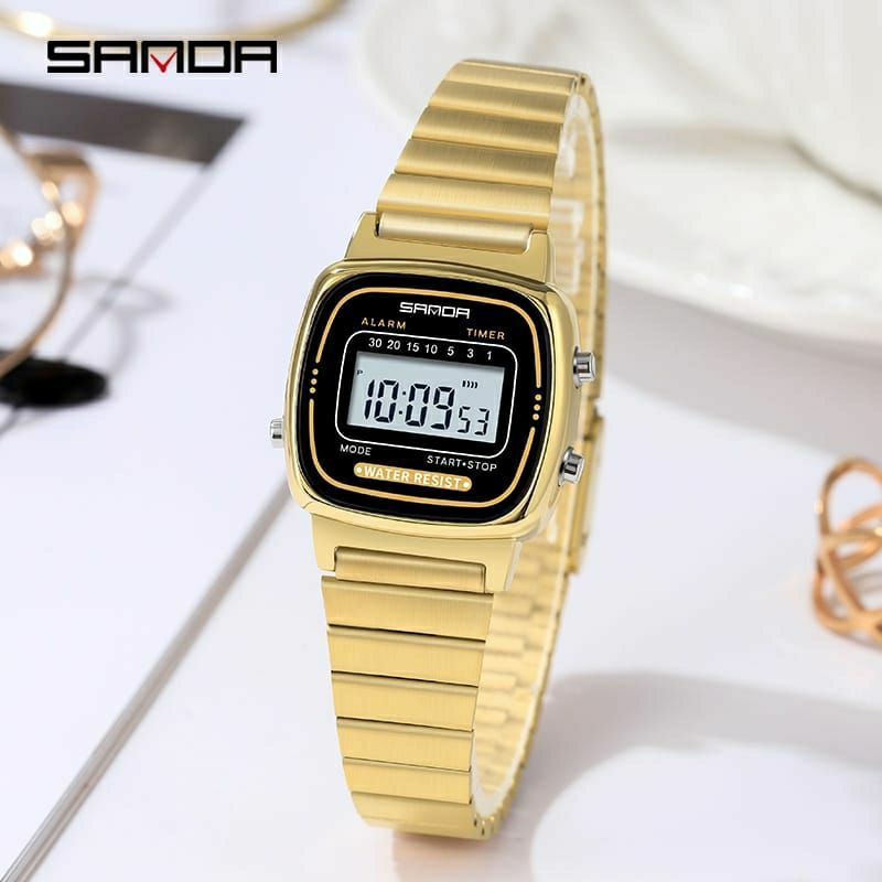 Jam Tangan SANDA 6053 Jam Tangan Wanita Digital EL Backlight Business Watch Stainless Steel