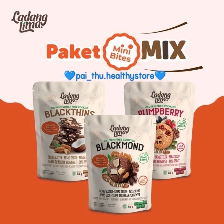 

Ladang Lima Cookies Sehat GLUTEN FREE Blackmond-Pumpberry-Blackthins-Cheesethins/Paket Cemilan Sehat-Paket Mini Bites Blackmond, Blackthin, Pumpberry