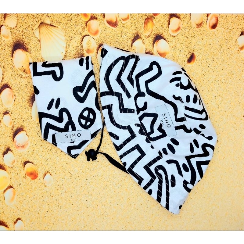 SIHO BALI Couple Pasangan Topi Dewasa Tali & Dog Bandana DOODLE