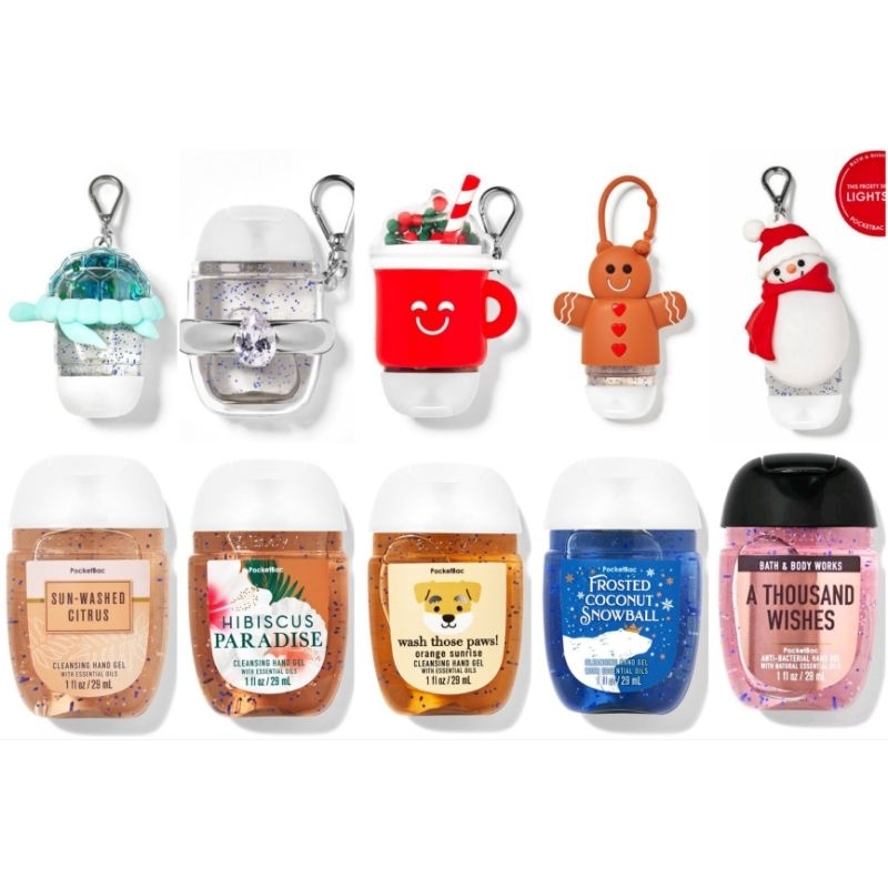 SALE BBW TERMURAH!! PocketBac Hand Sanitizer &amp; Holder - A Thousand Wishes, Gingerbread, Royal Polar Bear, Happy Hot Cocoa, Holiday Penguin, Diamond Ring, Turtle, Hibiscus Paradise, Frosted Coconut, Fresh Sparkling, Winter Candy Apple, Orange Sunrise