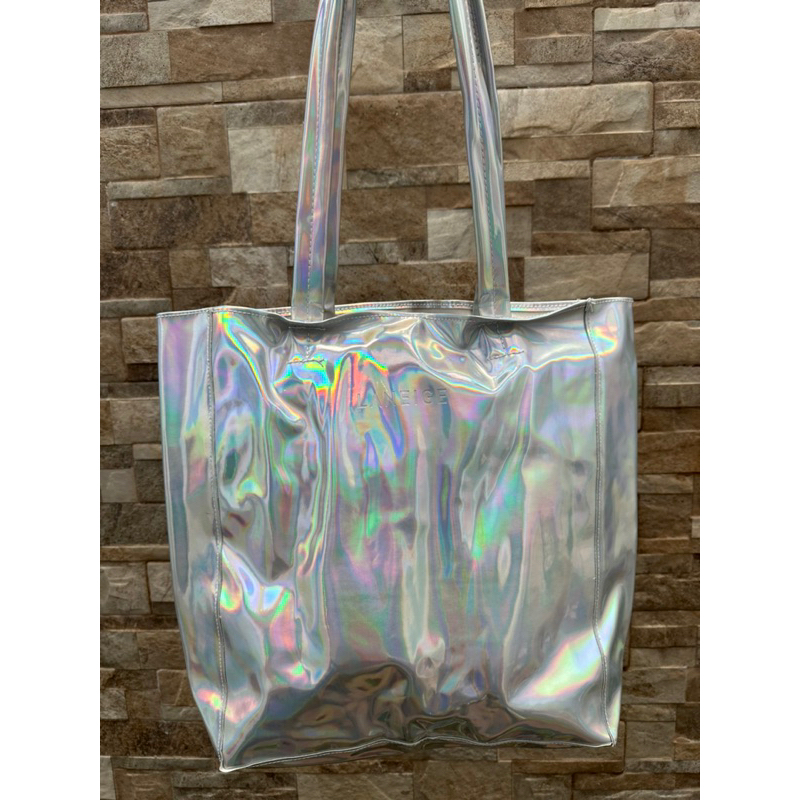 laneige silver metalic bling tote bag . travel bag . tas wanita