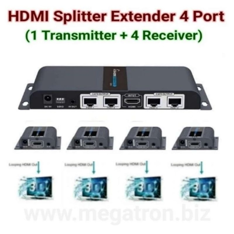HDMI Extender 4 Port via UTP Cable Cat5e/6 - HDMI Splitter Extender 1x4
