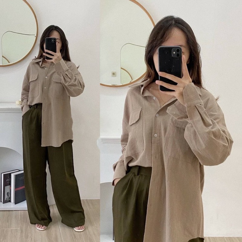 KEMEJA OVERSIZE WANITA LINEN SAKU DEPAN TERBARU