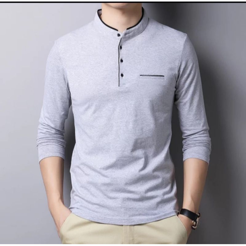 cuci gudang!! kaos kerah shanghai pria saku lengan panjang