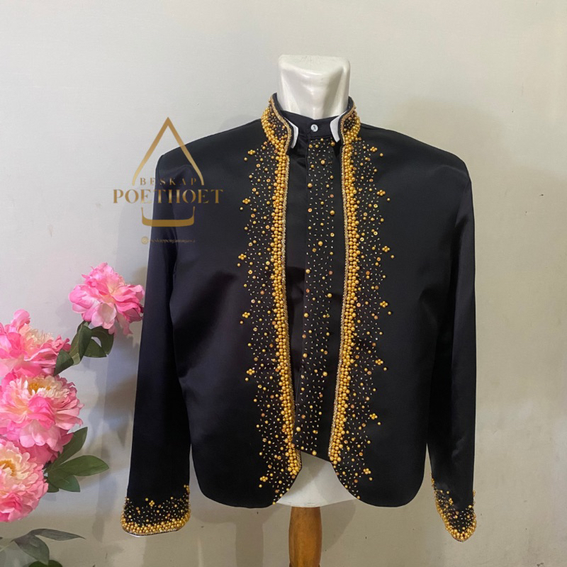 Beskap adat jawa bridal hitam payet set selop pria dan wanita /jas formal manten