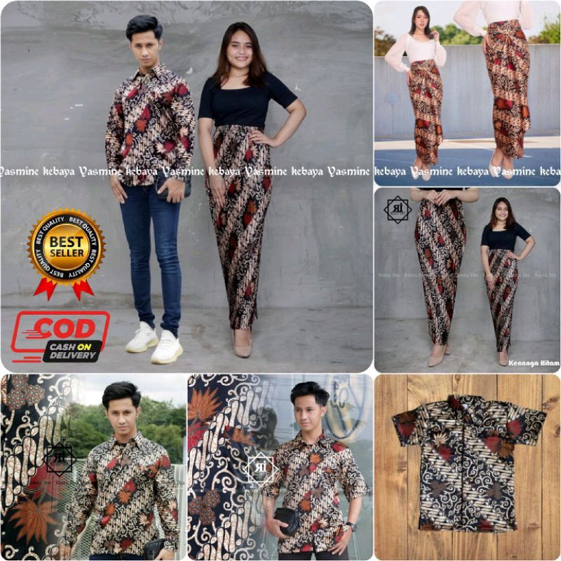Couple Rok Plisket Dan Lilit Jumbo Set Kemeja Batik Pria / Baju Batik Couple Motif Kenanga Hitam  / 