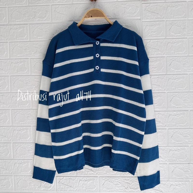 KEY KEY POLO SWEATER RAJUT KANCING MOTIP BLASTER STRIPE OVERSIZE ATASAN LENGAN PANJANG WANITA