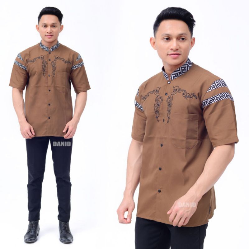 BAJU KOKO KURTA KOMBINASI BORDIR BATIK FASHION PRIA DEWASA LENGAN PENDEK