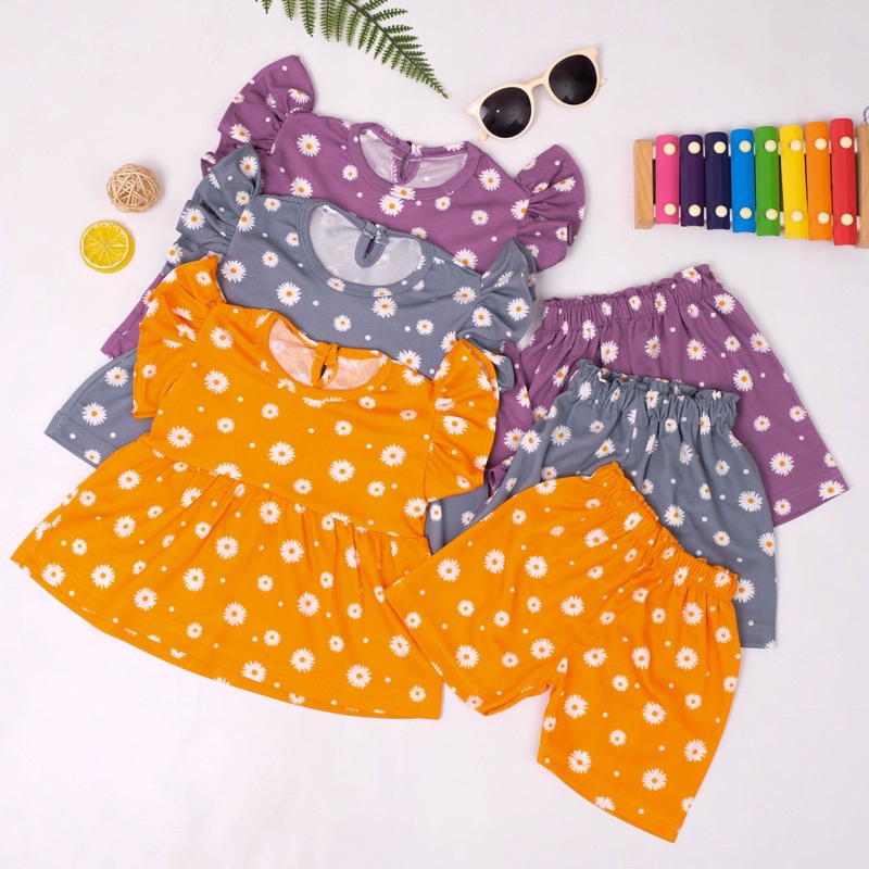 Setelan Anak Sonya Daisy Ruffle tee 1-3 tahun / Set Anak Daisy Blue Quin Short Sleeve