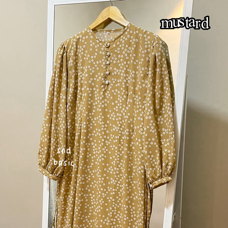 SHAKIRA DRESS | GAMIS MOTIF BUNGA KATUN FLOWER CRINKLE JUBAH ABAYA LEBARAN-mustard