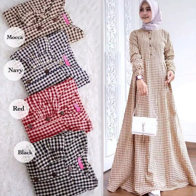 HUSINAH - GAMIS DRESS BAJU BUSUI KANCING DEPAN MOTIF KOTAK KOTAK MUSLIM WANITA KONDANGAN WARNA POLOS