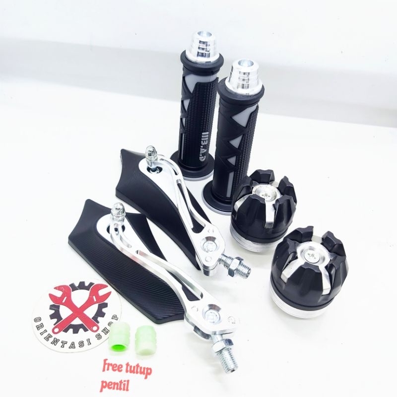 (Promo paket hemat) handgrip segitiga + jalu stang + spion batman + jalu as + free tutup pentil glow ini the dark universal motor honda dan yamaha