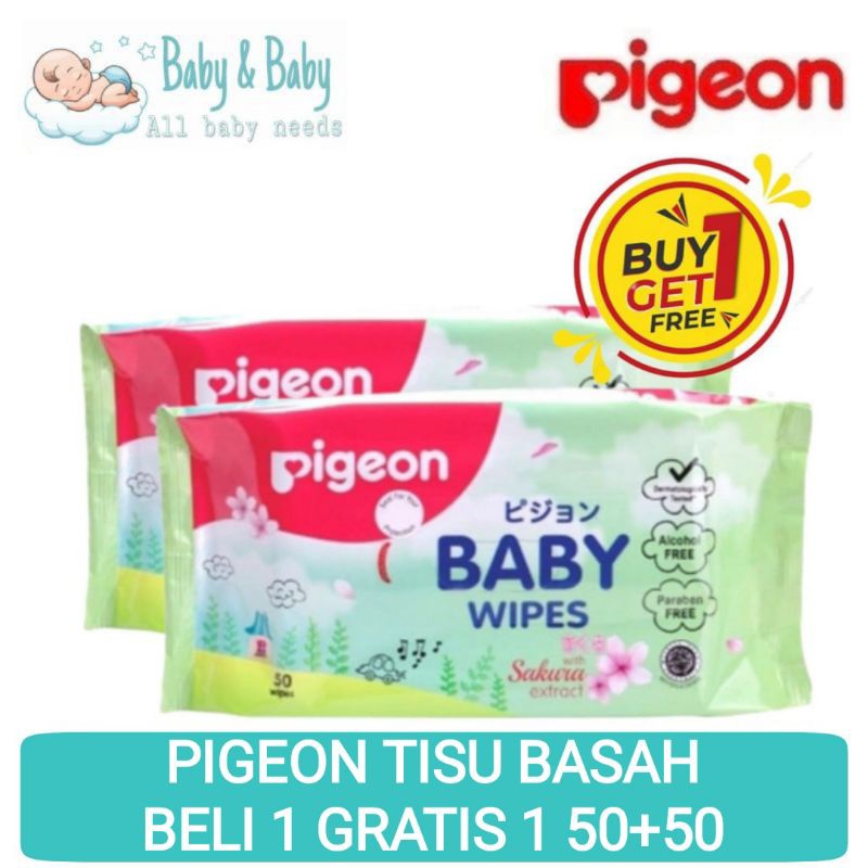 PIGEON Baby Wipes with Sakura Extract Isi 50 - Tisu Basah Beli 1 Gratis 1