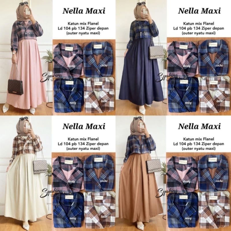 Jual (COD) NEW!! NELLA MAXI / ONE SET DRESS / OUTER KOTAK KOTAK / PAKAIAN MUSLIM WANITA / DRESS