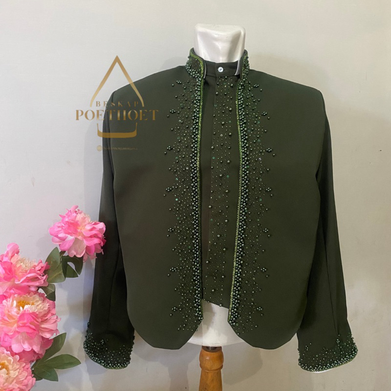 beskap pengantin pria Jawa solo hewes warna hijau army bahan matte dan payet premium