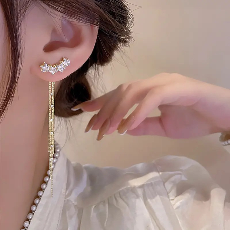 Star Zirconia Titanium Long Tassel Earrings / Aksesoris Anting Bintang Zircon Panjang Cantik