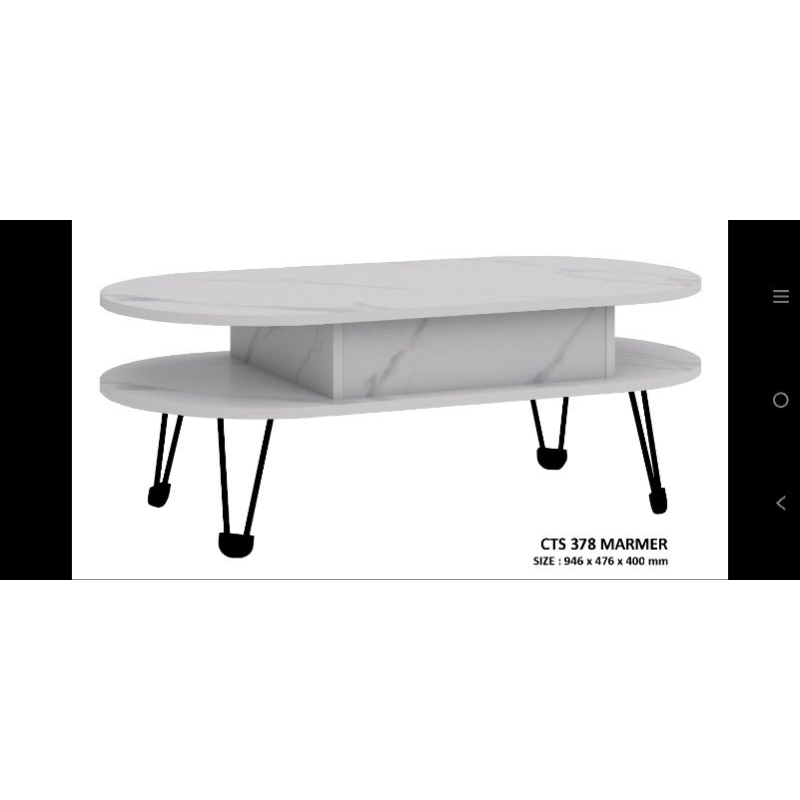 meja tamu oval minimalis motif marmer kaki besi sleding penyimpanan