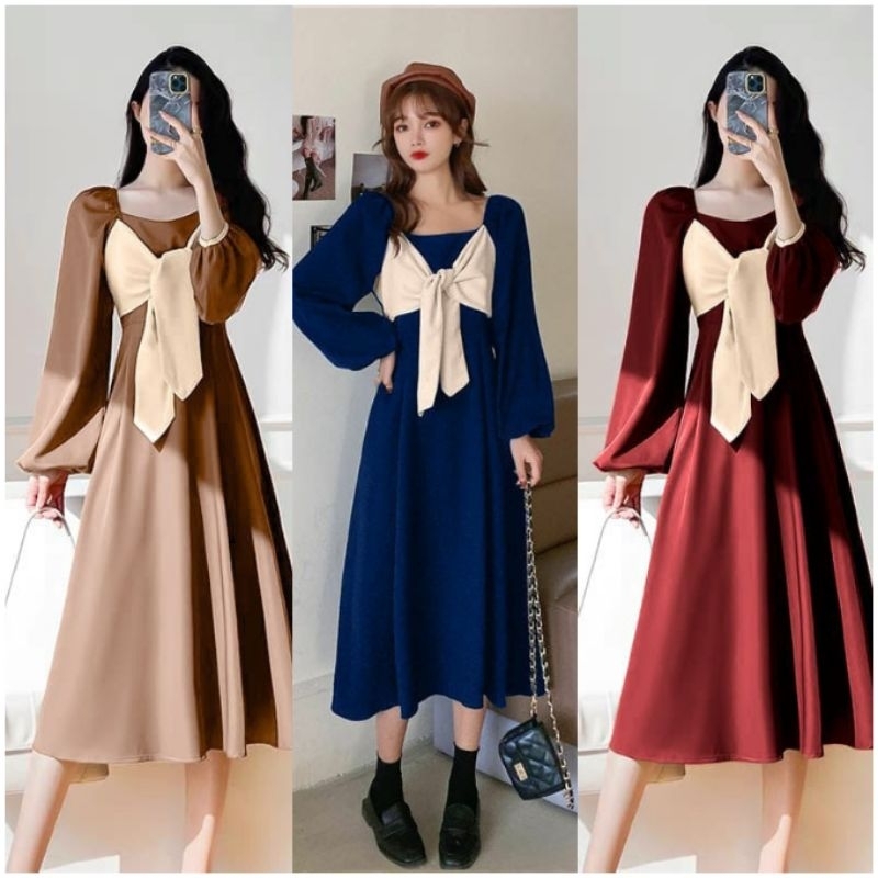 CASUAL DRESS WANITA LENGAN PANJANG DRESS SANTAI MODEL KOREAN STYLE RIBBON DRESS 05