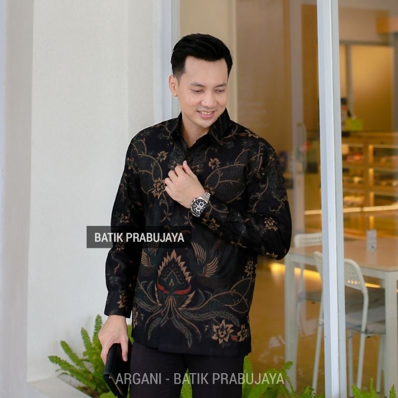 ARGANI Kemeja Batik Pria Modern Premium Lengan Panjang Terbaru - Baju Hem Batik Pria Hitam Tangan Panjang Cowok Kondangan Pesta Kerja