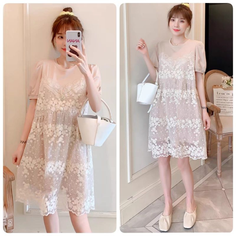 17330 Baju minidress LACE LAYERED MINI DRESS lengan pendek dres Lace brokat Korea Korean style wanit