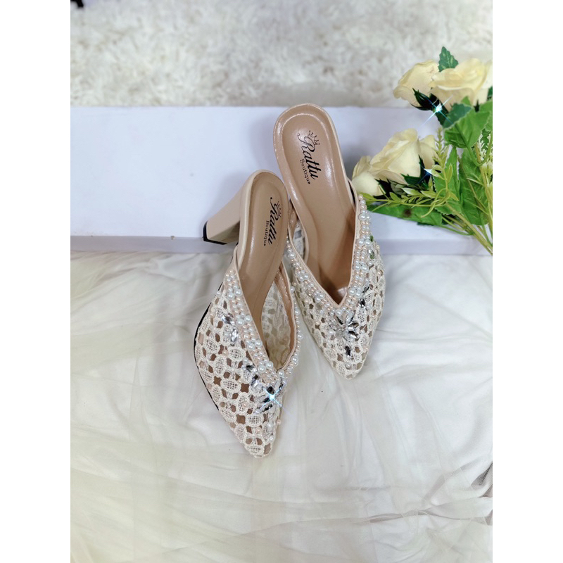 Termurah!!!! COD Heels 7cm Brukat mewah White Marwah / wedding shoes white / sepatu pengantin putih / sepatu seserahan / sepatu wisuda /sepatu tunangan