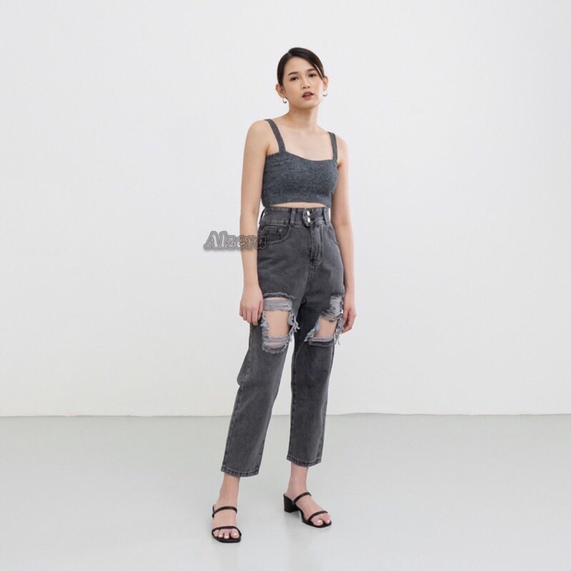 Highwaist Boyfriend Ripped Jeans Sobek ( Tidak Tembus ) by Alzera