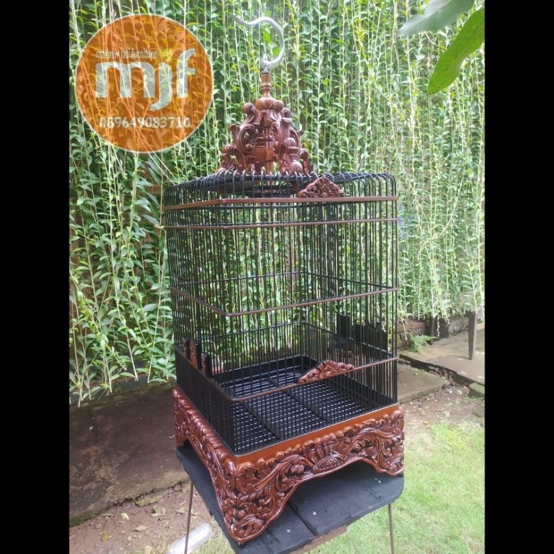 sangkar burung Kacer, sangkar ukir motif ulir kayu jati