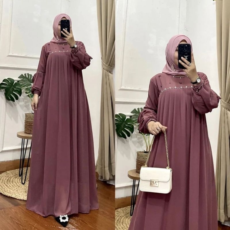 Baju gamis wanita terbaru model pesta kekinian ceruty polos Kaffa Size M L XL XXL busui syar'i
