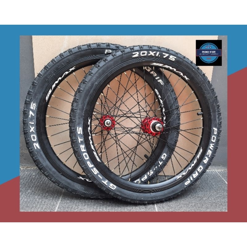 Sepasang Wheel Set 20 SUMAX 20 x 175 36 Hole × Bitex Merah Velg Jadi Pelk Jadi 20 Wheel set 20 Kompl