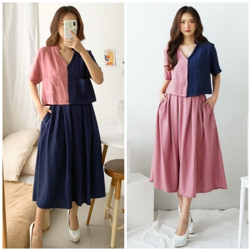 ♡ PREMIUM ♡ REAL PIC ! CLAUDINE TWO TONE 2 IN 1 SET BUTTON BLOUSE WITH MIDI SKIRT / SETELAN ATASAN &amp; ROK SELUTUT