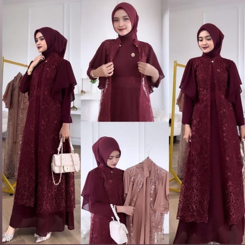 Set Pesta Dress Gamis Ceruty Babydoll+Long Outer Rompi Brukat Lengan Bahu Ruffle Rumbai