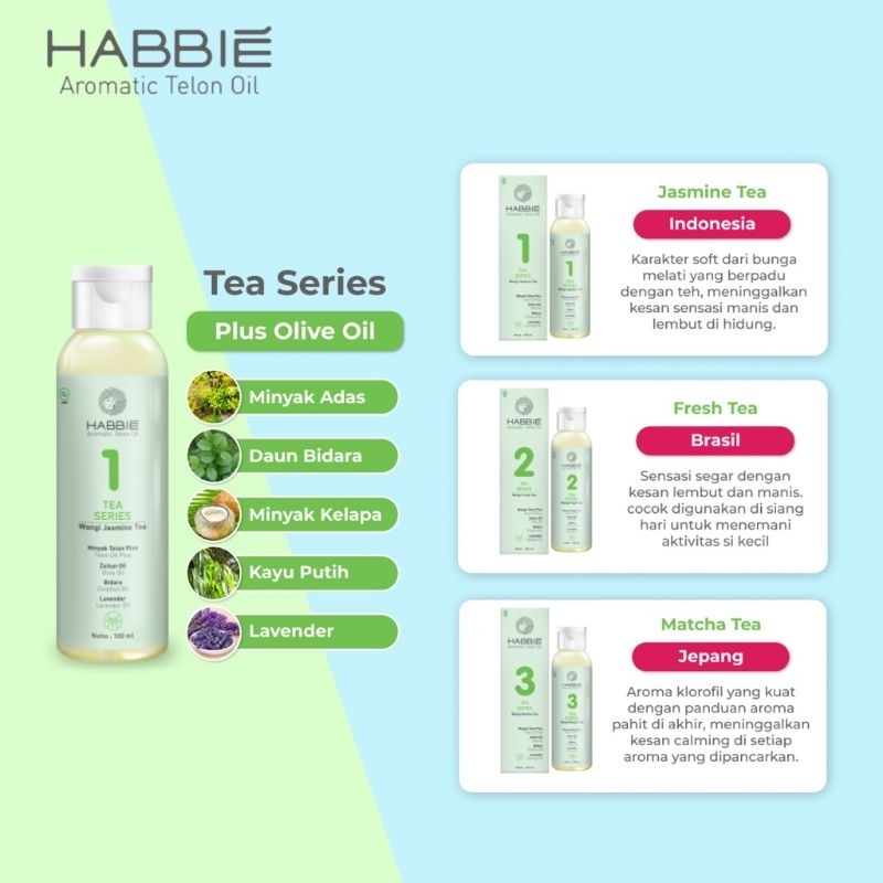 HABBIE Aromatic Telon Oil 100ml Flower Series dan Tea Series / Minyak Telon Bayi Aroma Eksklusif